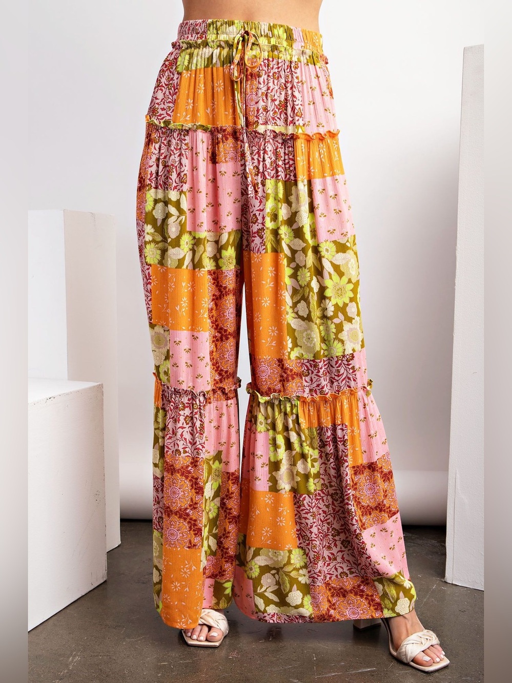 Easel Boho Patchwork Floral Tiered Wide Leg Palazzo Pants Peach Avocado Small